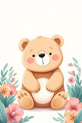 there is a teddy bear sitting on the ground with flowers around it