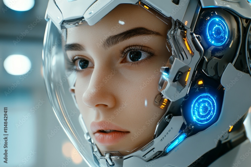 Poster a futuristic cybernetic head with glowing blue gears visible through transparent sections, represent