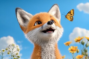 Fototapeta premium A fox kit playfully chasing a butterfly in a sunny clearing, surrounded by wildflowers