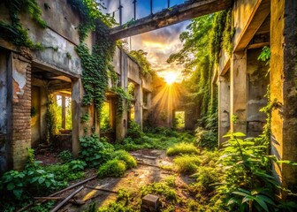 Fototapeta premium Urban Exploration Nature Background Photography: Abandoned Buildings, Overgrown Walls, Nature Reclaiming City