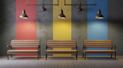 Three wooden benches in a room with colorful walls and industrial lighting.
