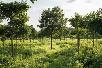 Obraz premium Lush green trees line a grassy field, sunlight dappling through leaves. Illustrates environmental conservation, reforestation, or sustainable development.