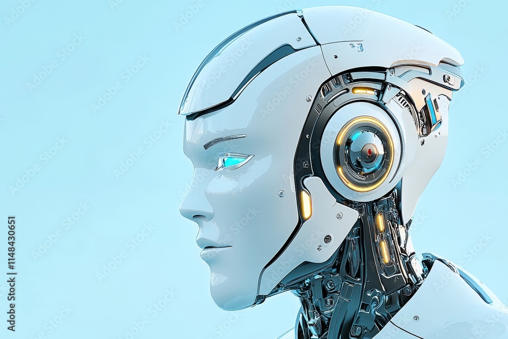 Poster a futuristic robot head with sleek silver panels and glowing gears visible beneath the surface, set 