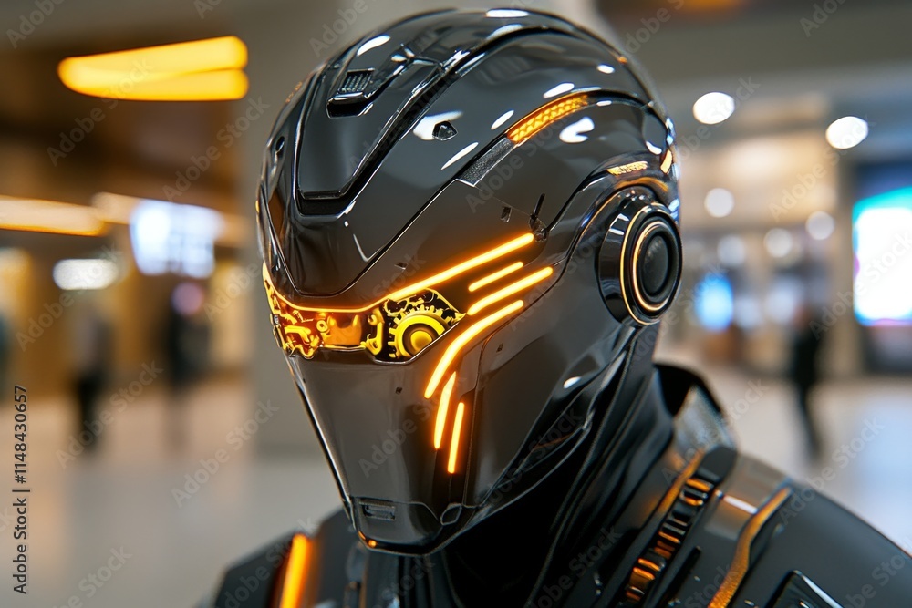 Poster a futuristic robot head with sleek silver panels and glowing gears visible beneath the surface, set 