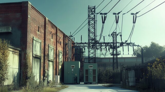 Old brick building with electrical substation. Illustrates industrial decay, energy infrastructure, or post-apocalyptic themes.