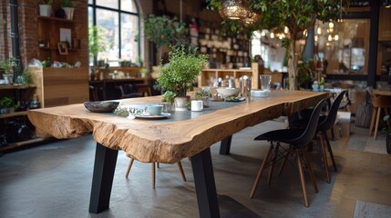 Fototapeta premium Long live edge wooden dining table with black legs stands in a modern rustic showroom filled with plants.