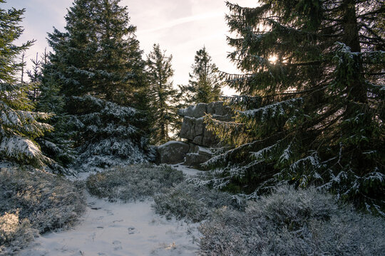 Felsformationen im Harz bei winterlichen Sonnenlicht
