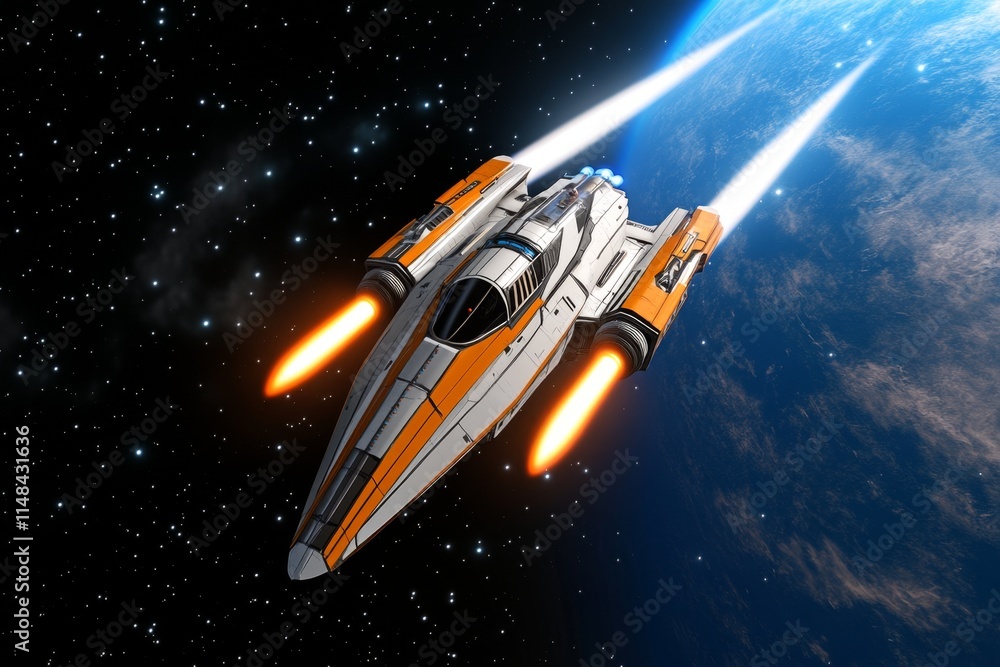 Poster a futuristic spaceship flying through the center of a glowing galaxy, its engines leaving a trail of