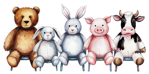 Obraz premium A watercolor style illustration of a group of stuffed animals on a white background