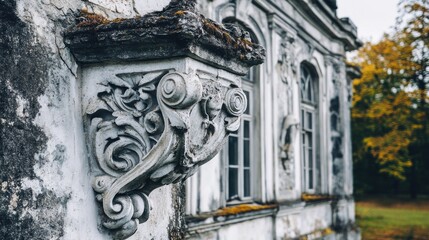 Fototapeta premium Ornate weathered stone detail on abandoned building facade.