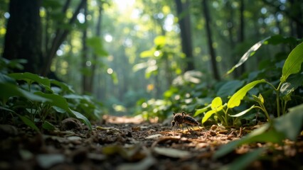 Tropical rainforest scene featuring a mosquito in the foreground, showcasing the intricate balance and biodiversity of life in a lush, vibrant ecosystem.