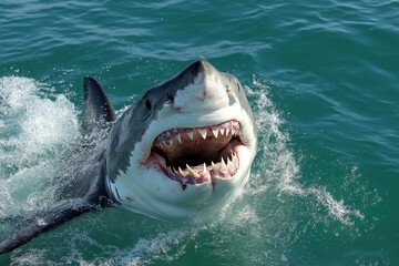 Naklejka premium Great white shark breaching water, jaws open. Perfect for wildlife, nature, or danger themes.