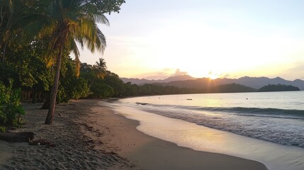 Serene Sunset Over Tropical Beach with Palm Trees and Calm Waves
