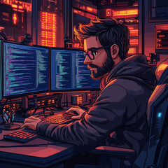 "Cartoon computer engineer working on a futuristic project in a tech office"
