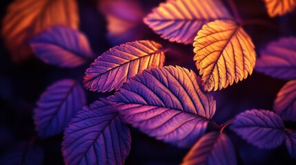 Close-up of vibrant purple and orange leaves illuminated in low light.