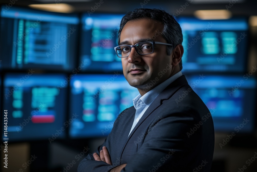 Aufkleber security specialist monitoring numerous displays in network operations center