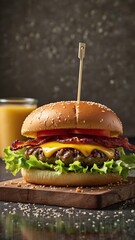 A delicious cheeseburger featuring melted cheese, crispy bacon, fresh lettuce, and juicy tomato, served on a sesame-seed bun perfect for fast food enthusiasts