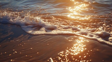 Naklejka premium Sunset Reflections on Gentle Ocean Waves at Sandy Beach Shoreline