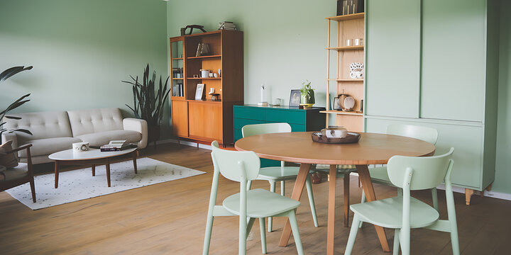  of a Scandinavian midcentury home interior with a modern living room