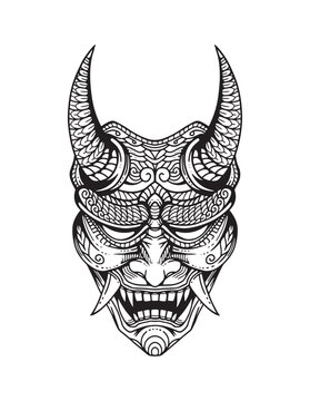 recommend clip art: Black and white oni demon mask design. The mask from Japanese culture. Used for coloring book, coloring page, etc