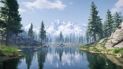 Scenic Mountain Lake Surrounded by Pine Trees and Snowy Peaks