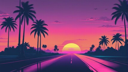 Outrun background - retrowave sunset background with lake, mountains and palm trees	