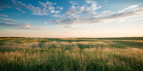 A free background image of a scenic open field with vast skies, wide horizons, and soft sunlight