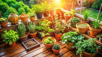 Fototapeta premium Urban Gardening Balcony Garden Food Photography: Fresh Herbs & Vegetables Grown at Home