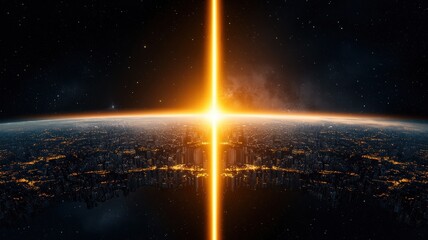 A stunning sunrise illuminates the Earth from space, casting a warm glow over the horizon against the backdrop of a starry sky.