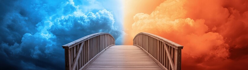 A surreal bridge connects striking blue and orange skies, symbolizing a journey between contrasting worlds.