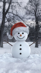 Obraz premium A 3D render of a snowman wearing a Santa hat in a winter scene