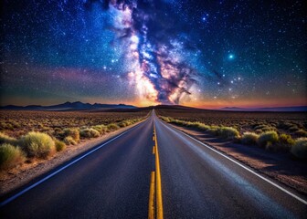 Naklejka premium USA Desert Night Highway, Long Straight Road, Night Photography, Stars, Mojave Desert, American Southwest, Scenic Route, Dark Sky, Night Drive, Asphalt, Landscape Photography