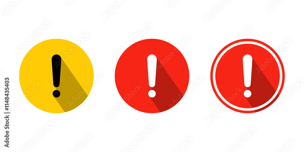 Poster alert warning icon set in flat design. exclamation mark sign on circle shape