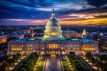 Fototapeta premium US Capitol Building Night Drone Photography, Washington DC Aerial View, Night Lights, American Landmark, Capitol Hill