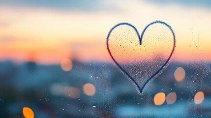 Valentine. A heart drawn on a foggy window with a colorful sunset in the background.