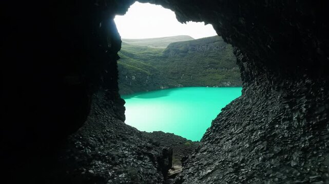 Shot starting from the entrance dark cave's interior , with dark, rough textures surrounding the screen. The blurred background reveals a serene turquoise lake glimmering in soft sunlight
