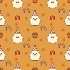 Baby duck happy birthday cartoon so cute. On rainbow gift star yellow background. Pattern seamless vector illustration. 