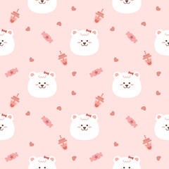 Face polar bear cartoon so cute. On candy heart bubble milk tea pink background. Pattern seamless vector illustration. 

