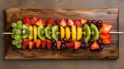 vibrant display of fruit skewers, with alternating slices of melon, kiwi, grapes, and strawberries, arranged on a wooden board.