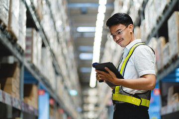 A man wearing a yellow vest and glasses is looking at a tablet in a warehouse. He is likely...