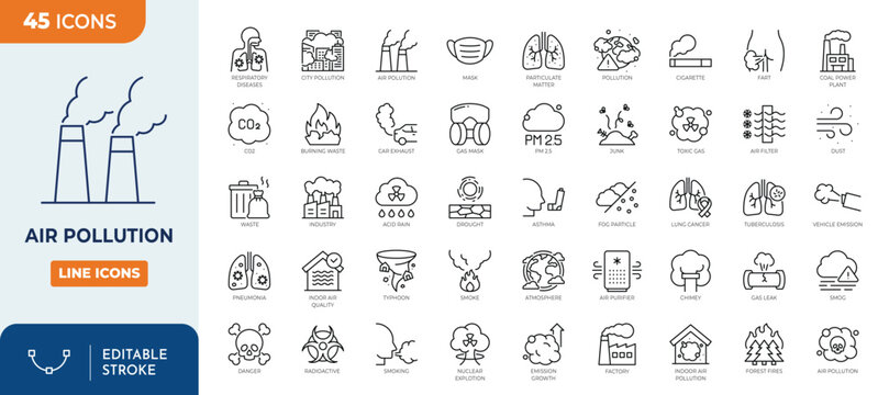 Air Pollution icon set. Containing CO2, mask, air filter, PM 2.5, air purifier, car exhaust, indoor air quality, smog and more. Outline Icon Collection. Vector illustration. Editable stroke	