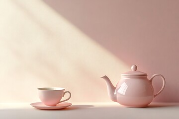 Hot cup of tea, pot and tulip on table against blurred background
