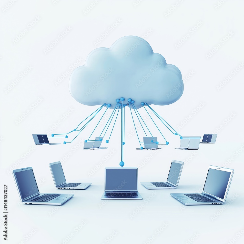 Poster multiple laptops connect to light blue cloud. data storage, accessibility represented by tech graphi