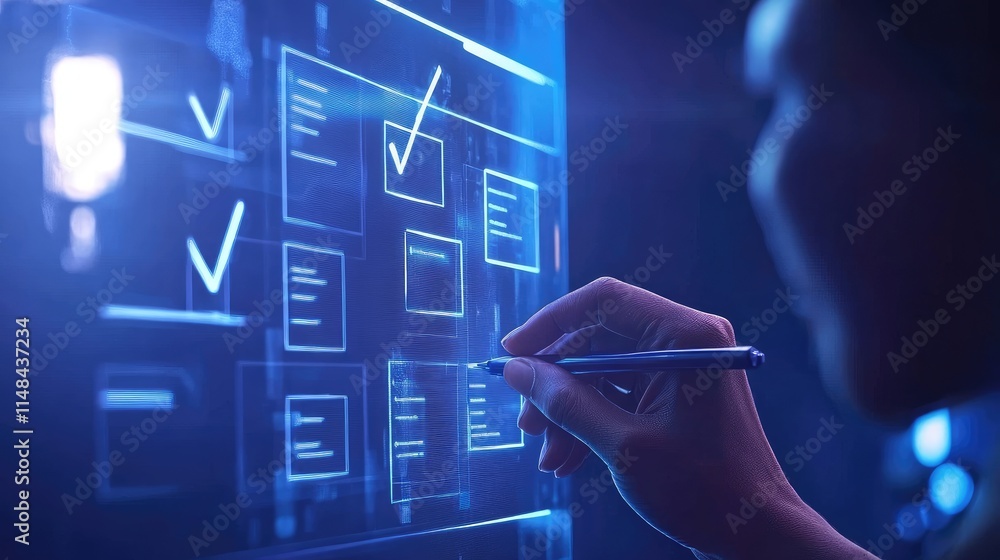 Poster futuristic interface interaction with digital checkmarks and data