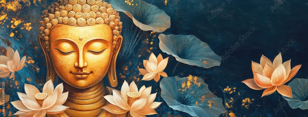 Wall mural A painting depicting the Buddha, lotus flowers, and leaves against a dark blue background