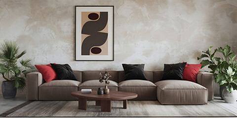 A minimalist Japandi-style living room with a modern sectional sofa