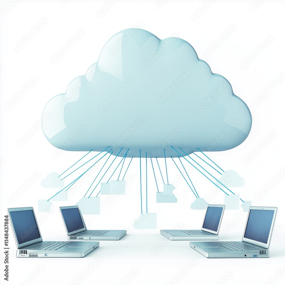 Poster Multiple laptops connect to large cloud. Data transfer, storage represented. Modern tech solution for efficient data management. Cloud computing, network, data security key aspects. Virtual data,