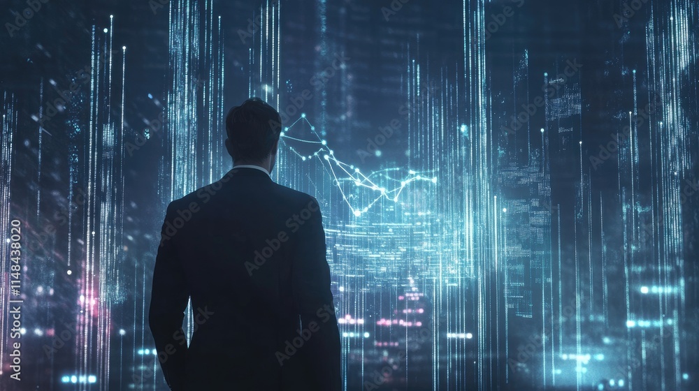 Poster businessman analyzing data in virtual environment with digital graphs