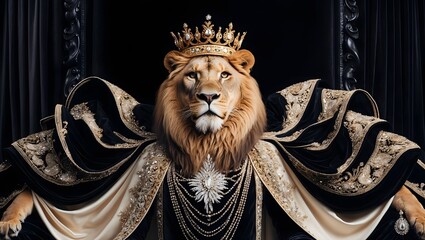 Fototapeta premium A majestic lion, with a regal facial expression, adorned with a glistening golden crown, symbolizing power and authority, set against a luxurious, velvet black background, showcasing a stunning, high-