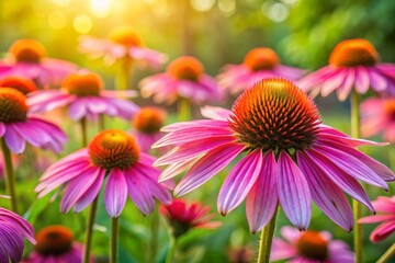 Obraz premium Vibrant Coneflowers: Echinacea Purpurea Garden Photography - Blooming Flowers, Soft Focus Background